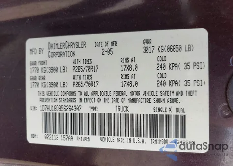 2005 Dodge Ram 1500 Slt/Laramie from USA, damaged, VIN 1D7HU18D95S264307